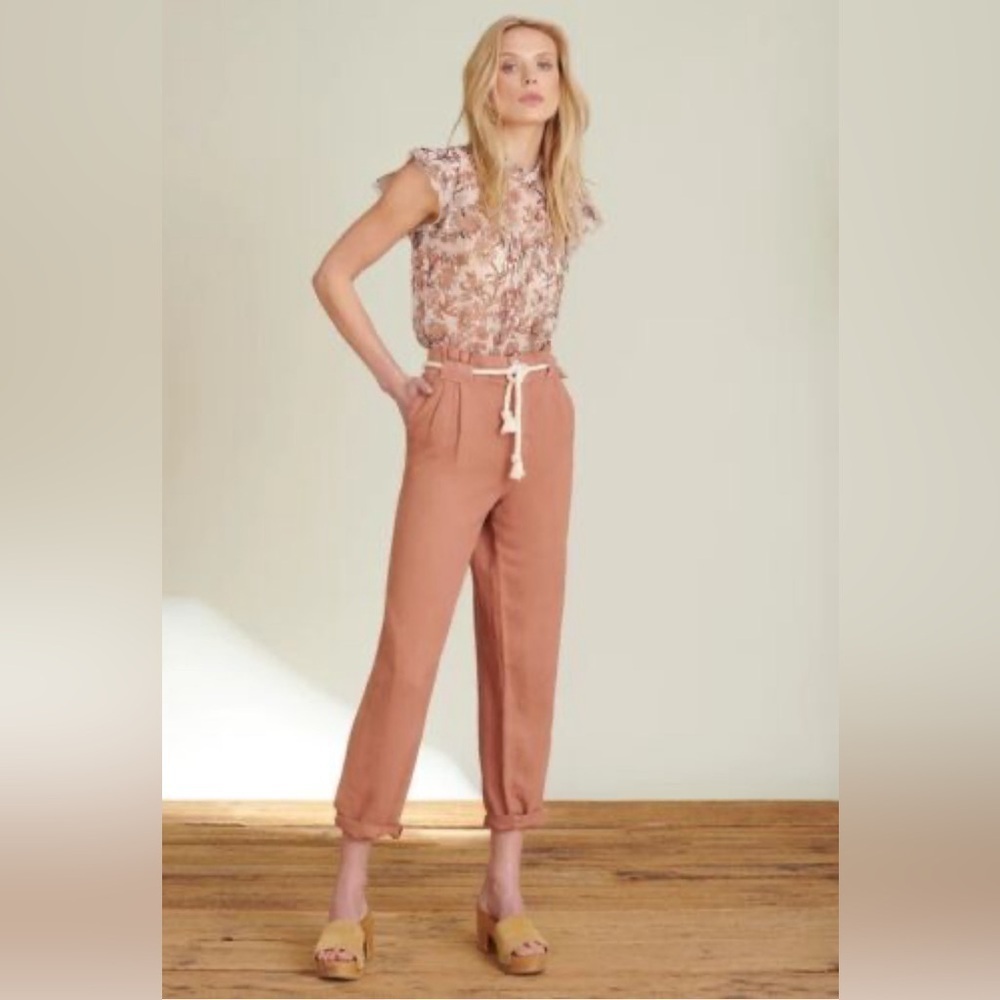 NWT. Veronica Beard Karter Paperbag Linen Blend Crop Pants in Mocha Size 8 - Picture 2 of 9